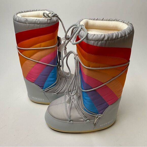 Moon Boot Shoes - Women’s Moon Boots high tall ICON RAINBOW GREY NYLON BOOTS NEW 8/9.5